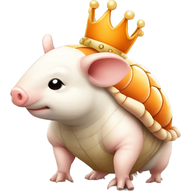 Orange and white piebald chubby round armadillo pig panda centipede armadillo wearing a crown emoji