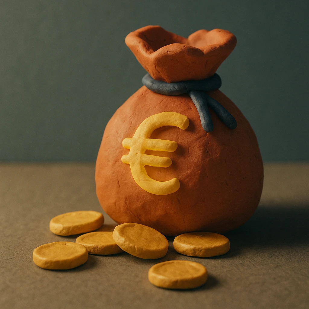 claymation style money bag with euro symbol, slight glow, coins spilling out, simple background emoji
