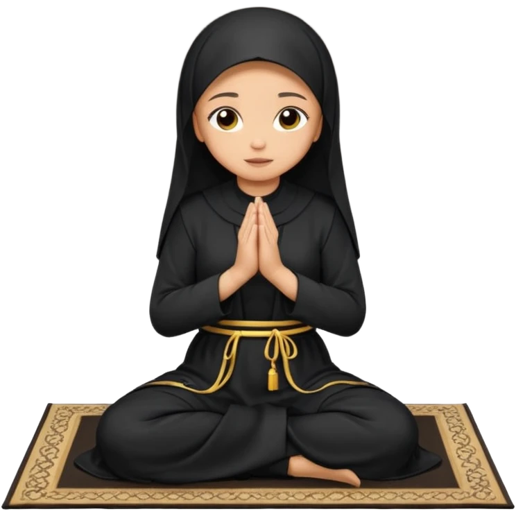 Light skin Muslim woman in black abaya side profile praying on prayer mat  holding up hands to god emoji