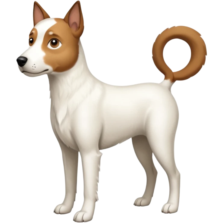 a full body large white parson russell looking dog the size of a kelpie with light brown flopped down ears and a light brown patch on one eye and a large snout emoji