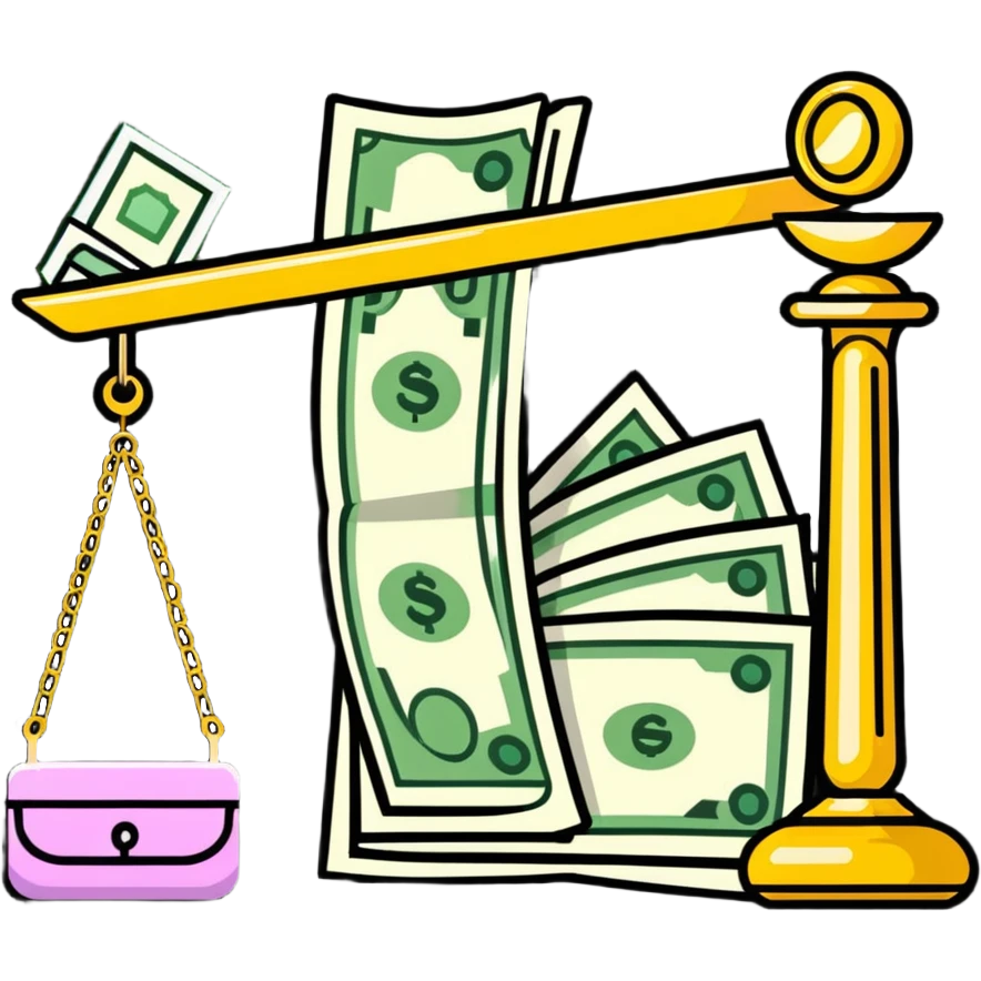gold scale with cash on one side and beauty products on the other emoji