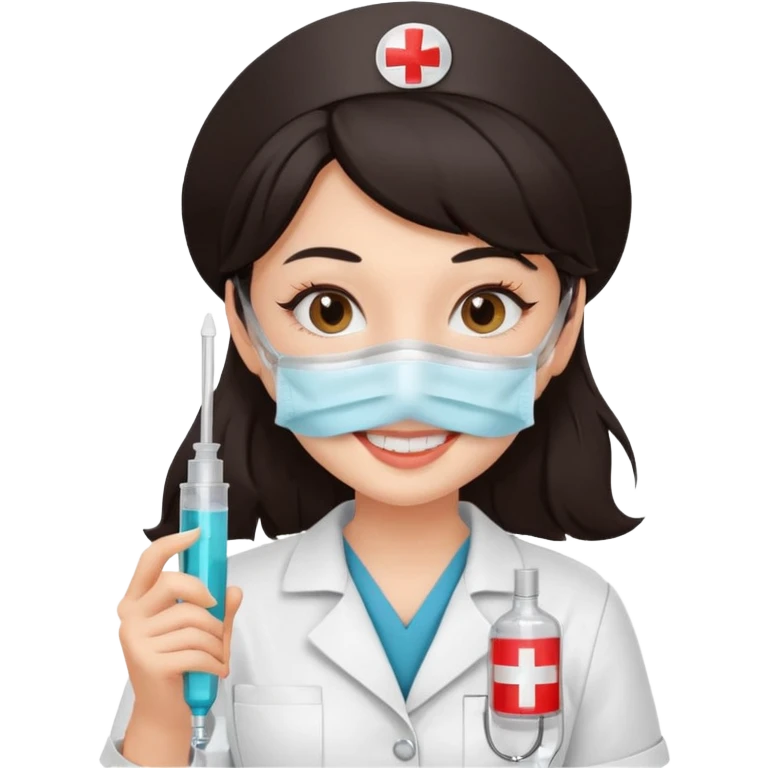 ی دختر با روپوش پرستاری و ماسک موی مشکی و امپول ب دست emoji