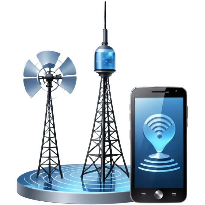 An icon featuring a satellite dish, a cell tower emitting signals, and a smartphone displaying a chat interface. The design includes fiber-optic cables and data waves, symbolizing global communication, connectivity, and information exchange. Transparent background. emoji