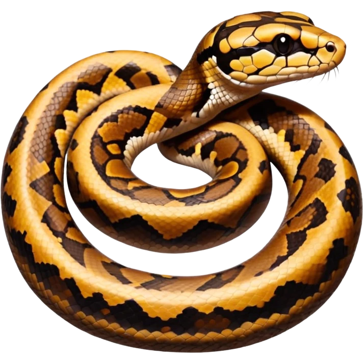 A photo-realistic top-down view of a Ball Python gently coiled into a tight spiral, with its head resting peacefully at the center. Its scales are warm brown with bold, irregular black markings, including the distinctive “alien-head” pattern, flowing smoothly along its body.  emoji