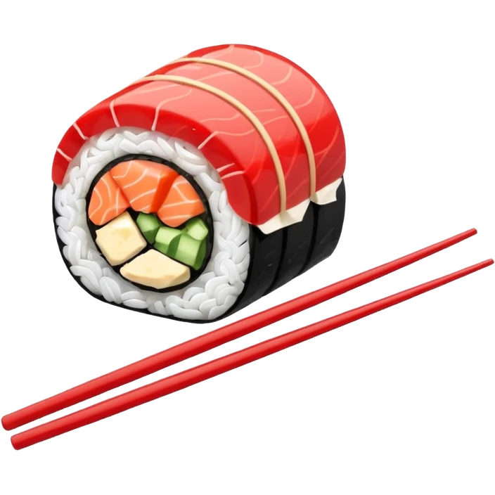 Japanese cuisine humanless avatar in minimalist emoji-style illustration. Sushi, roll and 2 chopsticks, clean lines, red white colors, flat design, calm and modern. emoji