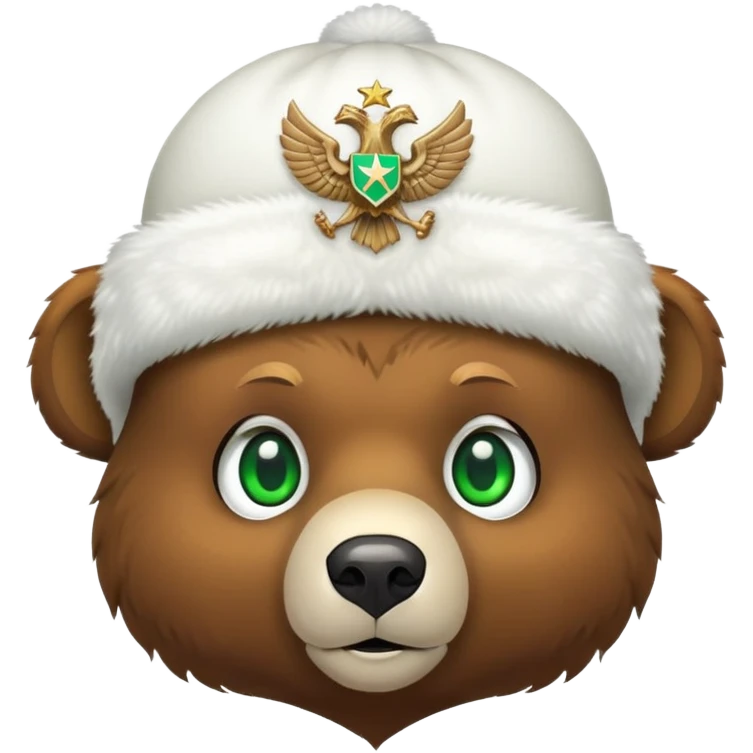 Cute brown bear face with bright green eyes wearing white fluffy ushanka hat with detailed Russian double-headed eagle emblem clearly visible in center, iOS emoji style emoji
