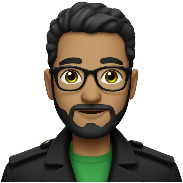 arabic looking man with black gentleman hair and small beard with green tinted glasses and black shirt and black trench coat emoji