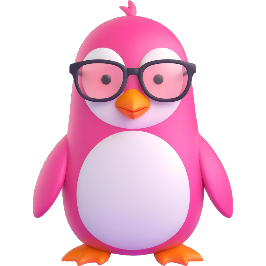 pink penguin with a genius girl vibe, wearing glasses, looking clever and confident, cute and expressive emoji