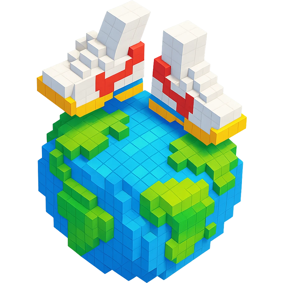 isometric view of Earth globe with a pair of Nike Cortez sneakers walking on top, voxel style emoji