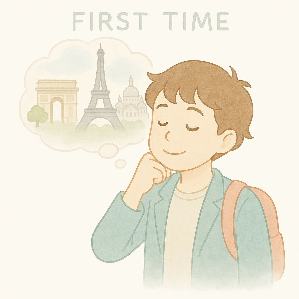 Edit the image of the guy to show him daydreaming about his next trip to Paris. Add a dreamy thought bubble above his head containing iconic Paris landmarks like the Eiffel Tower. Maintain the same soft watercolor illustration style with pastel colors, delicate linework, a gentle, whimsical mood, anime-inspired features, and minimal, soft shading. emoji