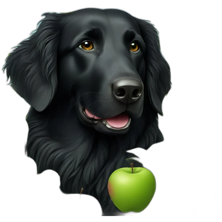 Black flat coated retriever in an apple tree emoji