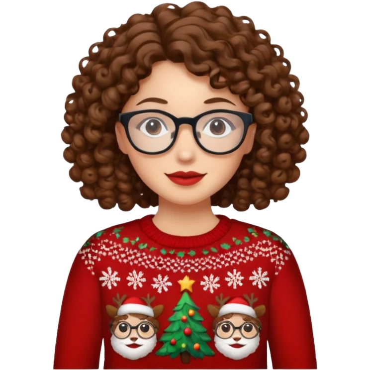 Mujer pelo rizado, jersey navidad ,gafas emoji