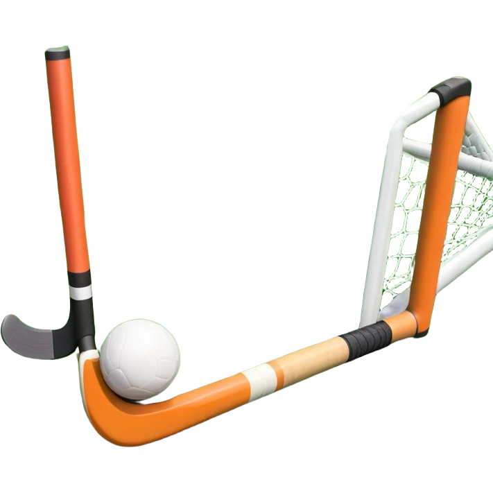 A field hockey stick and ball positioned on a vibrant green grass field, with the goalposts and clear field markings in the background. The scene highlights the lush, well-maintained turf, emphasizing the speed and precision of the sport in an energizing outdoor setting. emoji