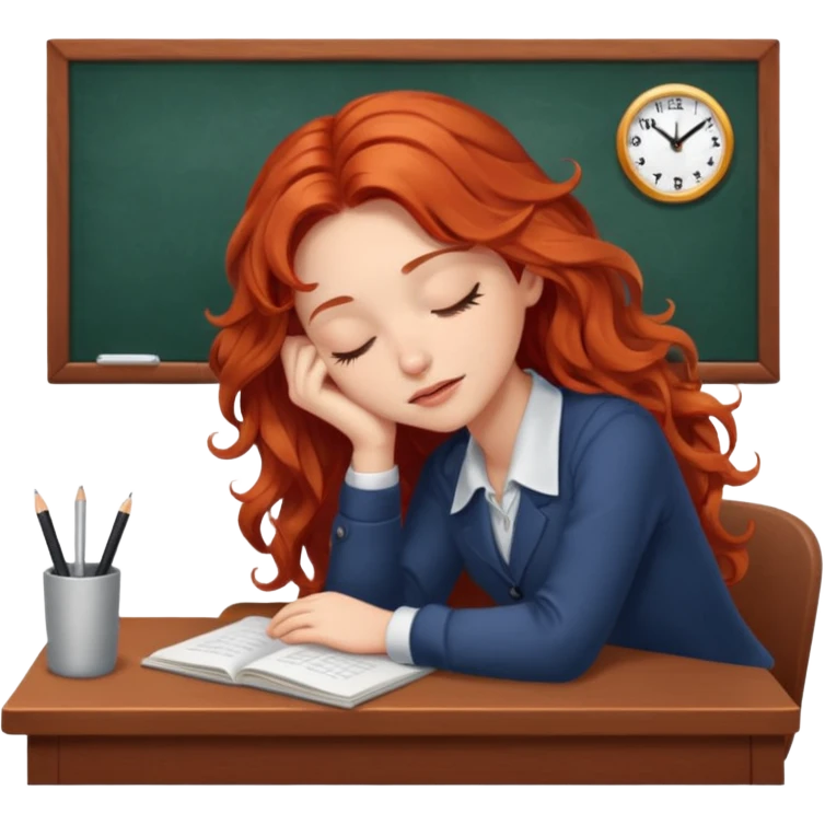 Pretty white model, brown eyes, soft long red wavy hair, falling asleep at desk emoji