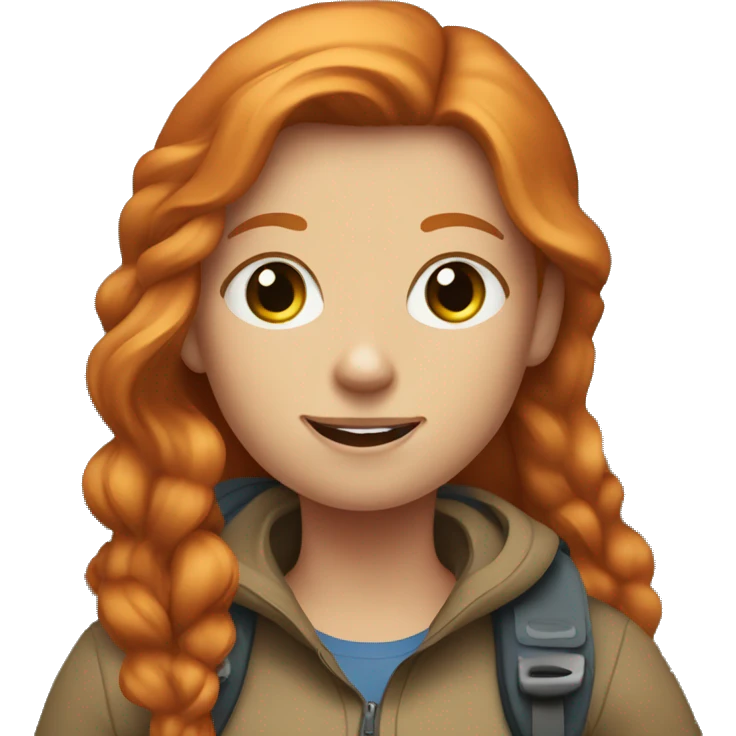 Ginger girl with volume straight hair and blue eyes On a hike emoji