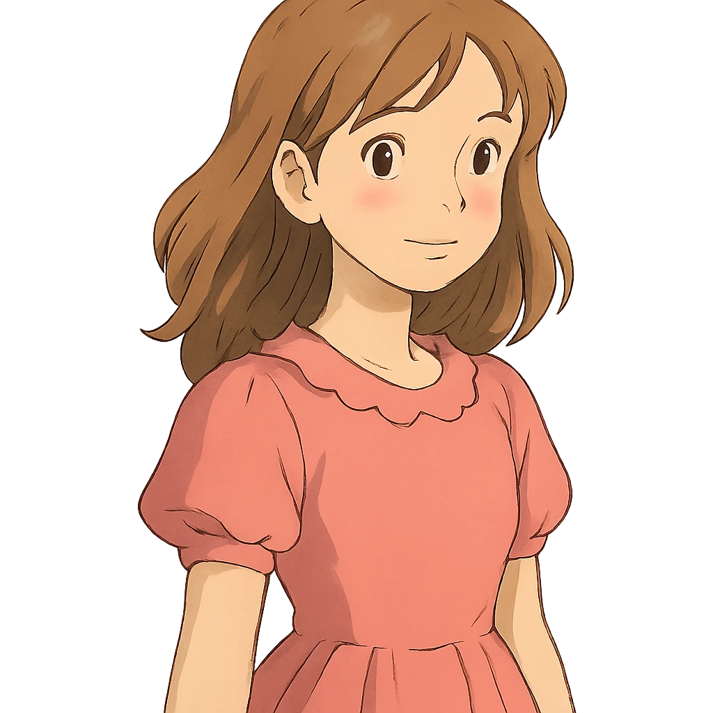 pretty girl, bronde hair, pink dress, soft lighting, ghibli-inspired style emoji