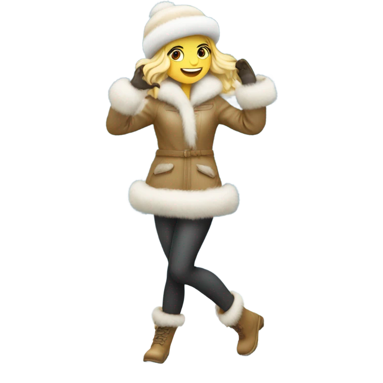 blonde girl in a fur hat dancing in the snow full body emoji