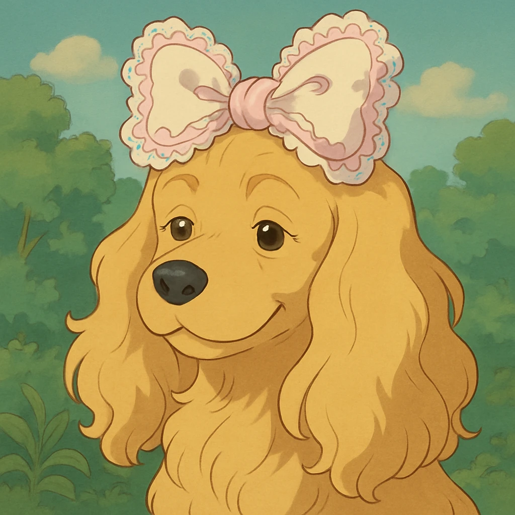Blonde cocker spaniel with a big frilly white and pink rococo bow on top of its head  emoji