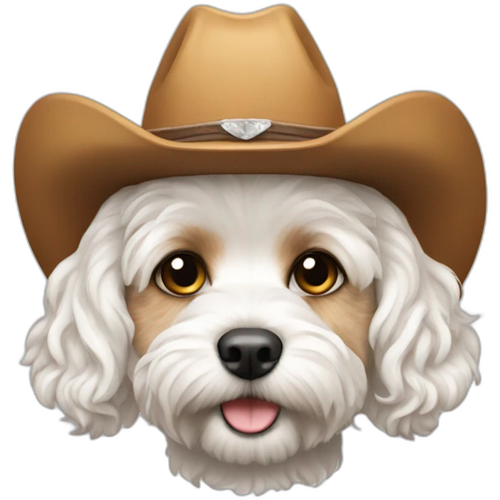White cavapoo with a cowboy hat emoji