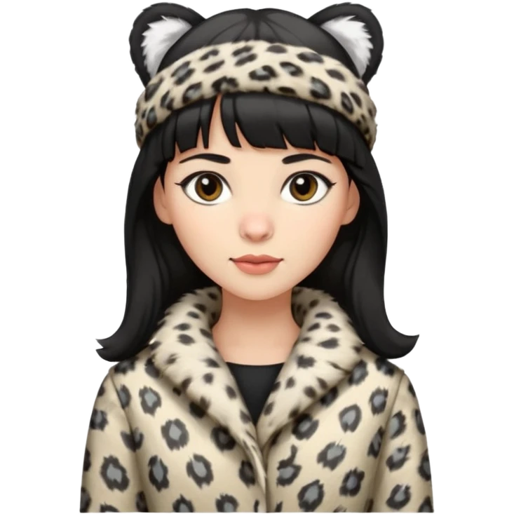 woman, black shoulder length hair, bangs, snow leopard fur headband and coat emoji