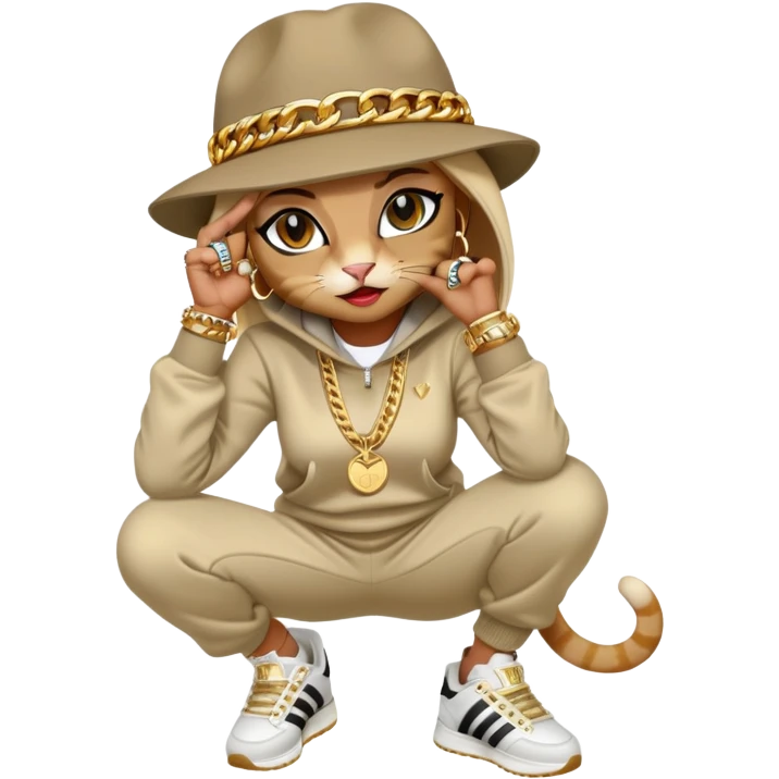 female cat wearing Run DMC hip-hop outfit with tracksuit, fedora, Adidas sneakers, many gold chains, rings, bracelets, flashy earrings, whispering to a friend, no sunglasses emoji
