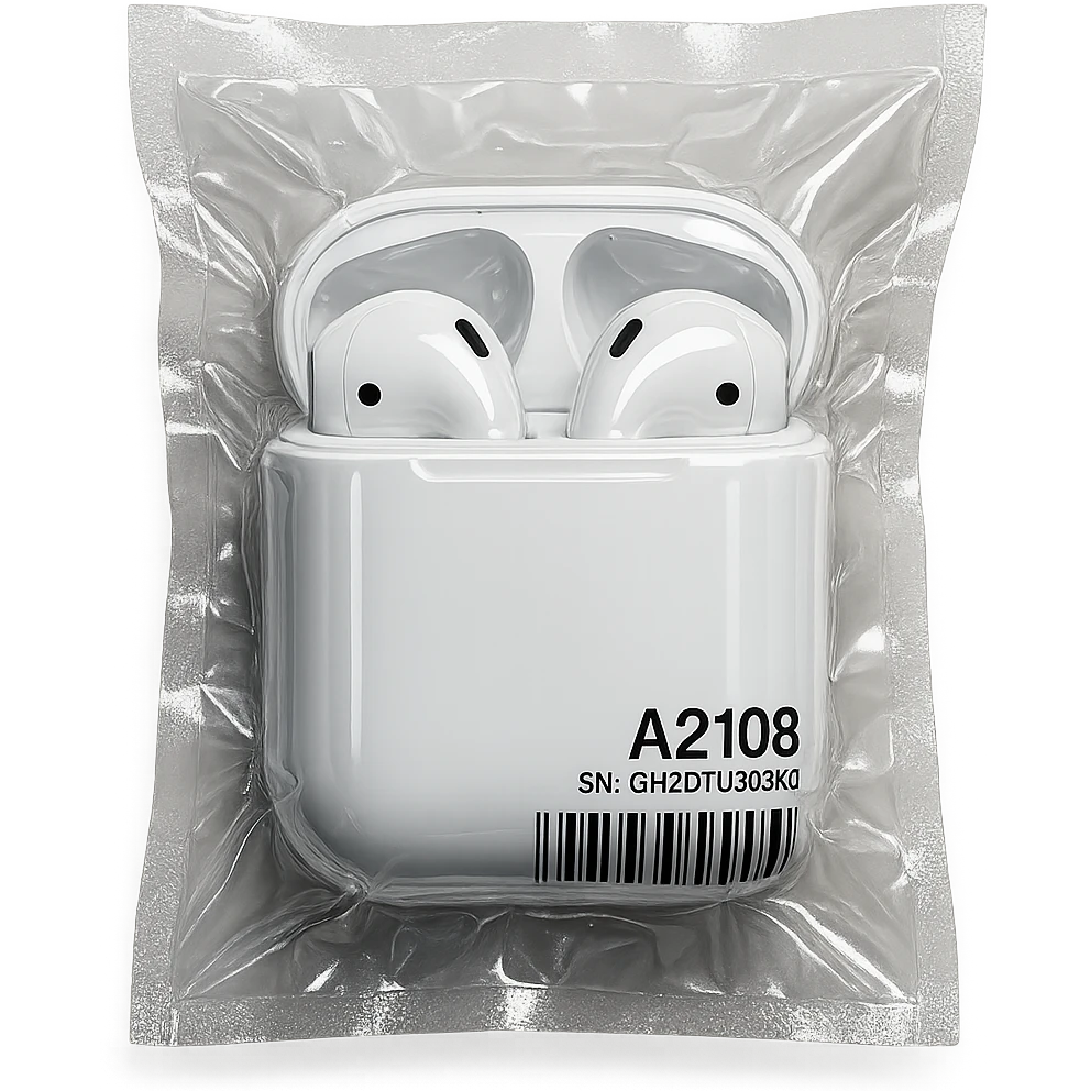 EarPods in a white charging case, glossy and inflated, no background emoji