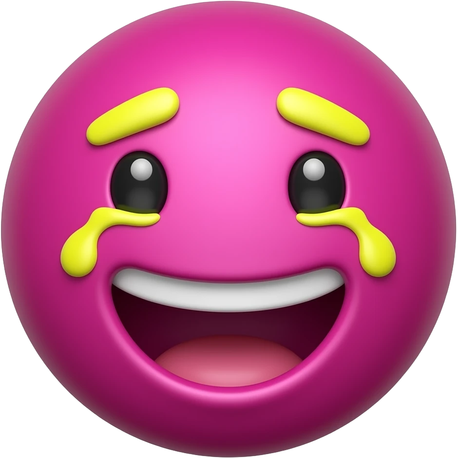 Glossy 3D rendered crying laughing emoji, front-facing, slightly rounded edges, highly saturated deep magenta (#B4018C) face, vivid neon yellow (#FFF200) tears and accents, no muted tones, soft shading, white background emoji