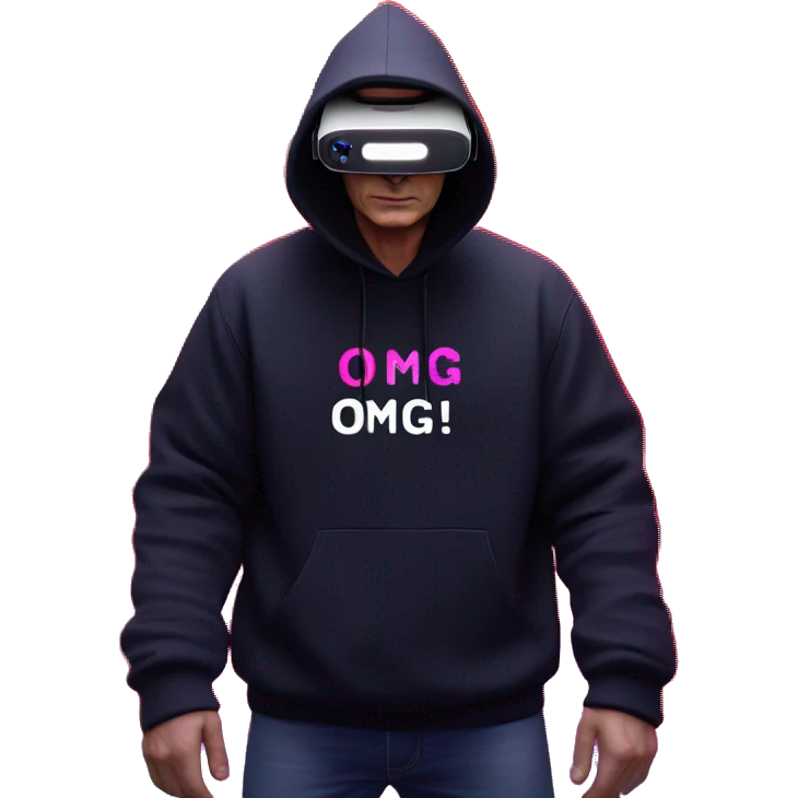 Vladimir Putin wearing a black hoodie with "OMG" letters on it and VR headset oculus quest 2 in a cyberpunk VR environment with violet neon lighting. emoji