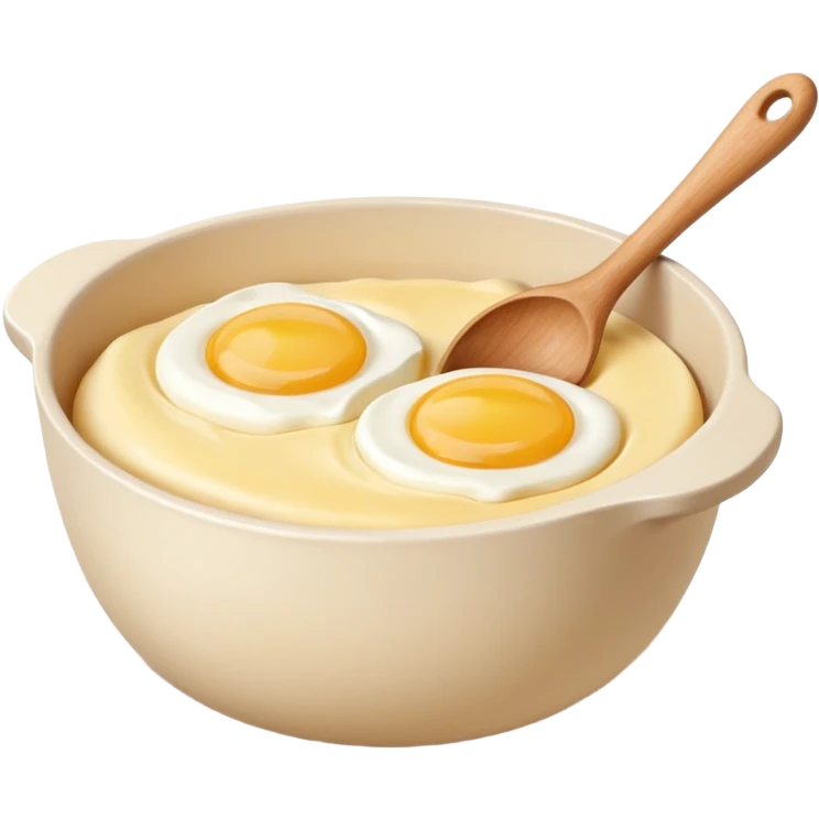 A carton of eggs, butter and a cream ceramic baking bowl with a wooden spoon in it emoji