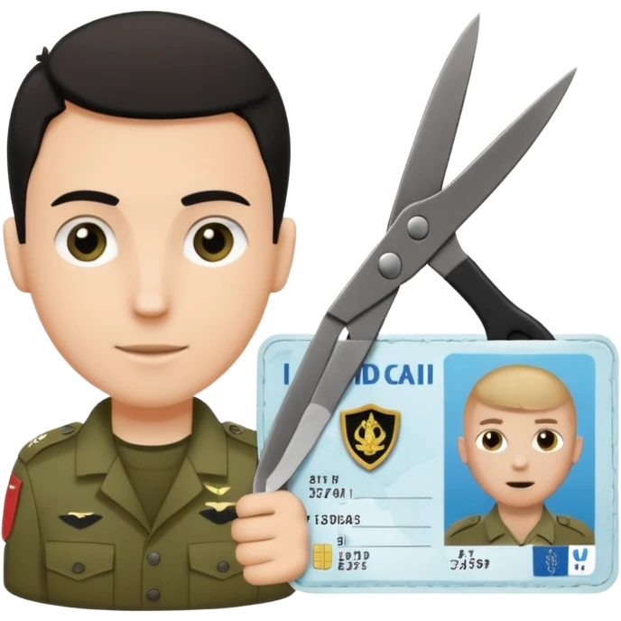 Floating black Scissors cutting in half an idf soldier ID card with a little chip in 2 parts emoji