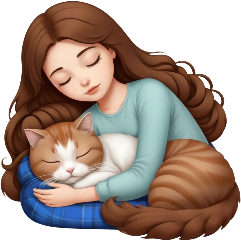 A pretty white girl with very long brown hair and sleeping curled up to a scottish fold white cat  emoji