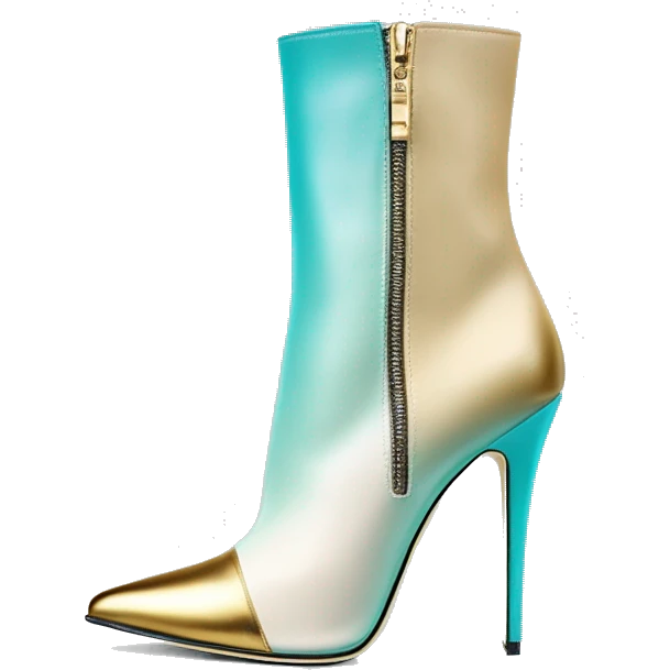 Hyper Realistic isolated top view of a pair of tiffany blue ,cream,and gold ombre Jimmy Choo zippered peppe toe Stiletto Heel ankle bootie boots. emoji