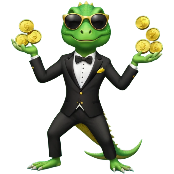 capitalist iguana banker in tuxedo and black sunglasses jongling with coins emoji