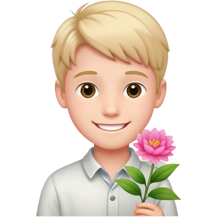 smiling boy with pink flower emoji