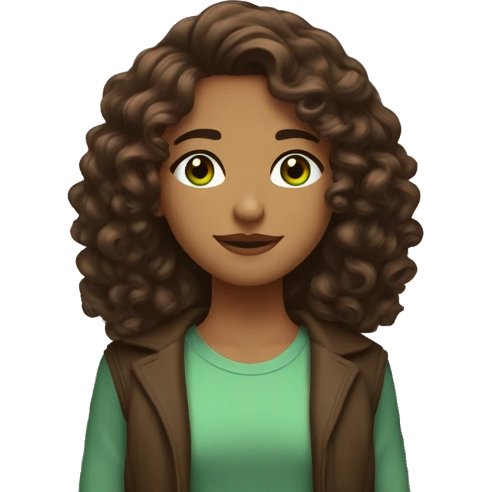 long curly hair brown, brown eyes with a hint of green, eyes positive  canthal tilt ,medium thick shaped eyebrows in dark brown, and medium thin lips, round face shape, soft jawline, full body, american emoji