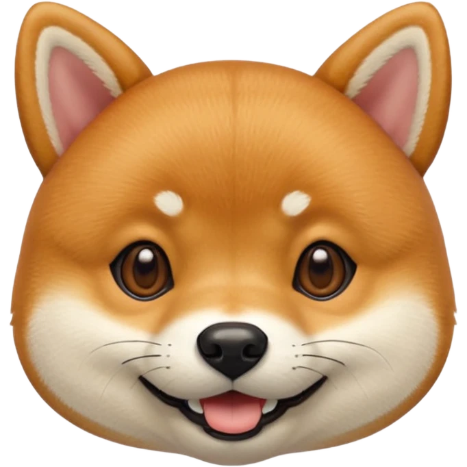 Head of a Shiba Inu dog in Apple emoji style, orange-brown fur with white muzzle and cheeks, round face, big black eyes, perky ears, grinning with closed mouth, no tongue, front-facing, glossy texture, soft shadows
 emoji