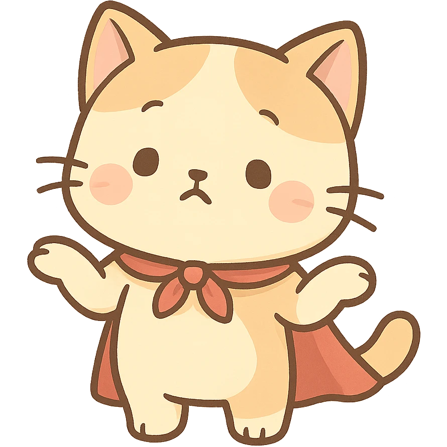 cute cat with a cape, shrugging shoulders, round face, soft colors emoji