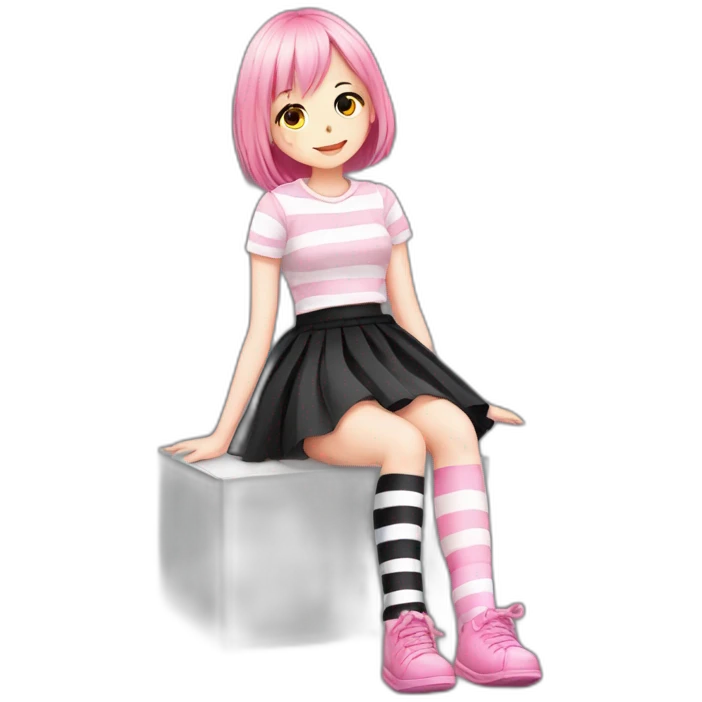 full body Front view emo girl sits on the floor black skirt pink knickers long striped socks emoji