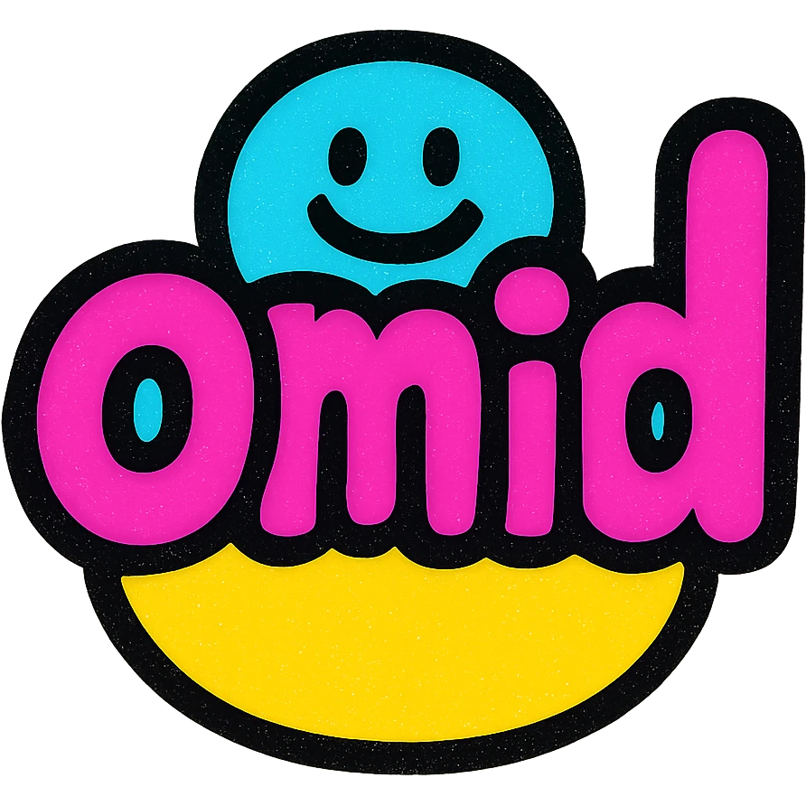 the name 'omid' as a playful icon, rounded shapes, friendly, colorful, suitable for branding emoji