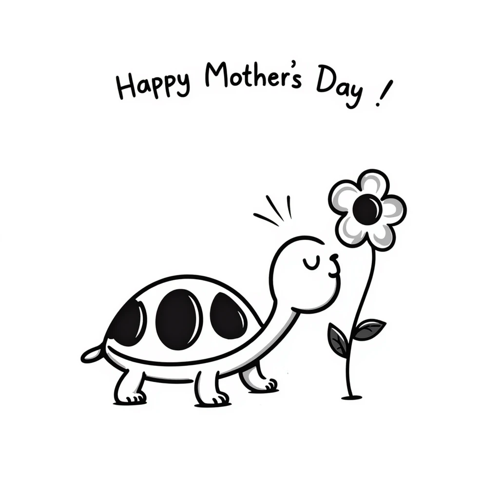 doodle style turtle with a flower in its mouth, simple Mother's Day touch emoji
