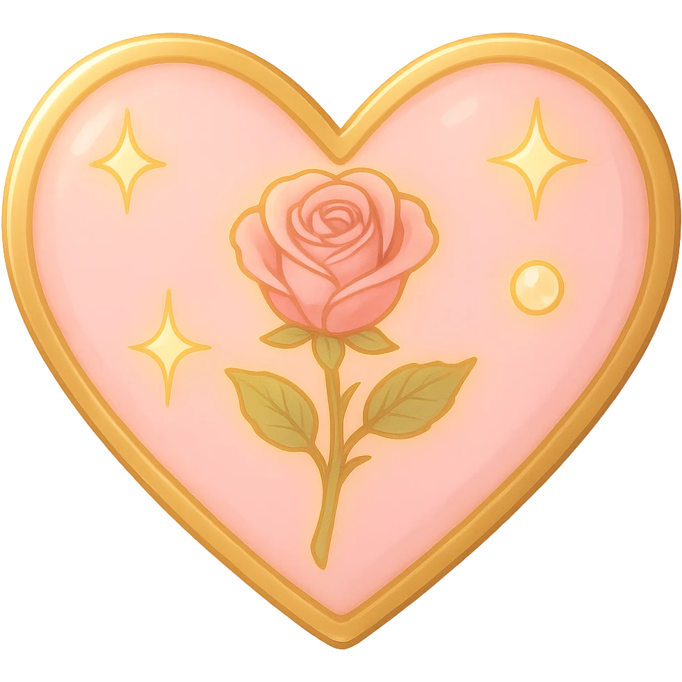 Add a soft glowing effect to the single rose pink heart, pastel pink enamel, sparkling gems, with a gold outline, with no background, in a general style. emoji