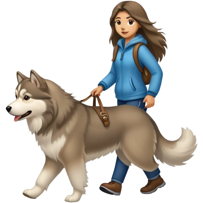 A long-haired girl walking an Alaskan dog emoji
