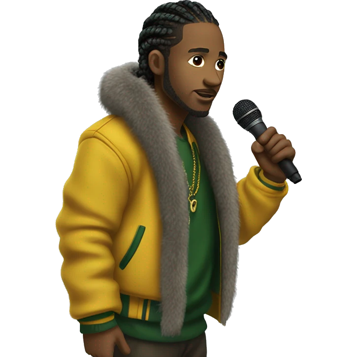 Side profile of a hip hop artist with braids. He has an arm extended down, holding a mic. He's wearing a very dark green jacket. The jacket has a furry yellow mustard collar.  emoji