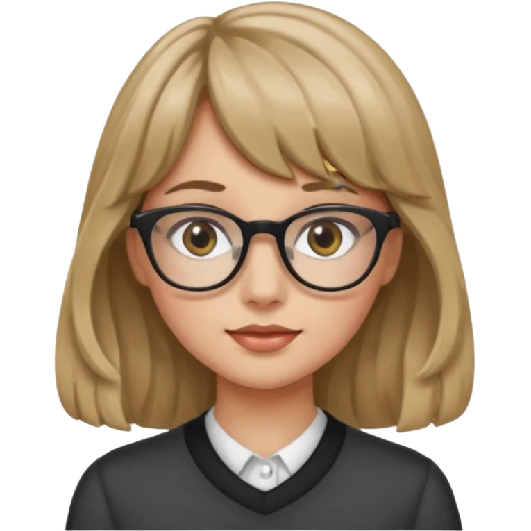Uma garota de cabelo ondulado loiro escuro,mas com franja lisa e olhos pretos,usa óculos e a cor de pele branca emoji