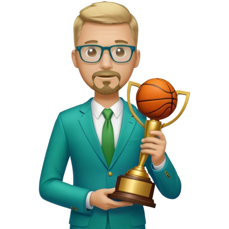 Full Body white male wearing glasses with a goatee with dirty blond very short hair basketball head Coach in blue and green suit holding trophy emoji