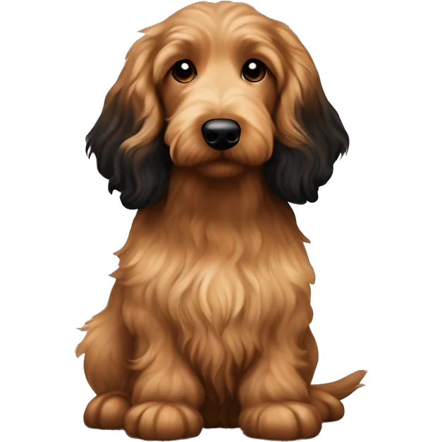 Brown golden doodle and black and tan and cream longhair dachshund sitting together  emoji