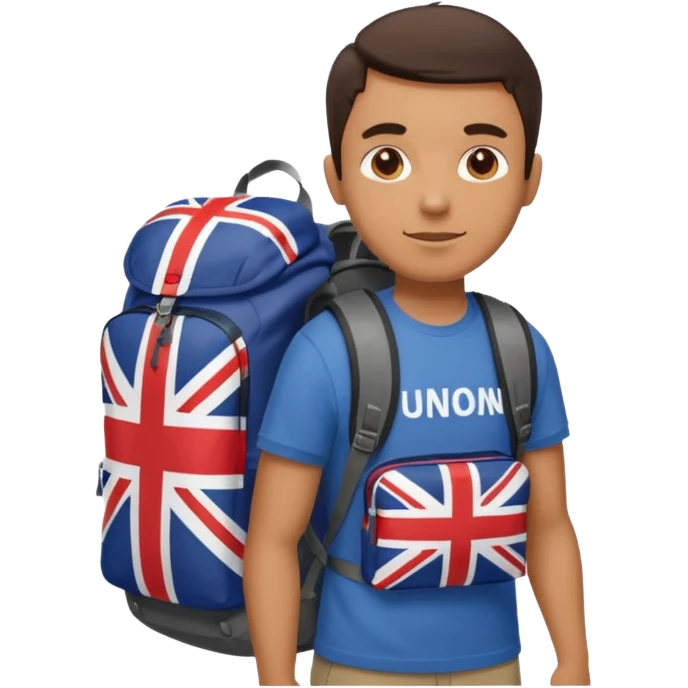 A guy with a hiking backpack and a Union Jack on his T-shirt holds the Union Jack. emoji