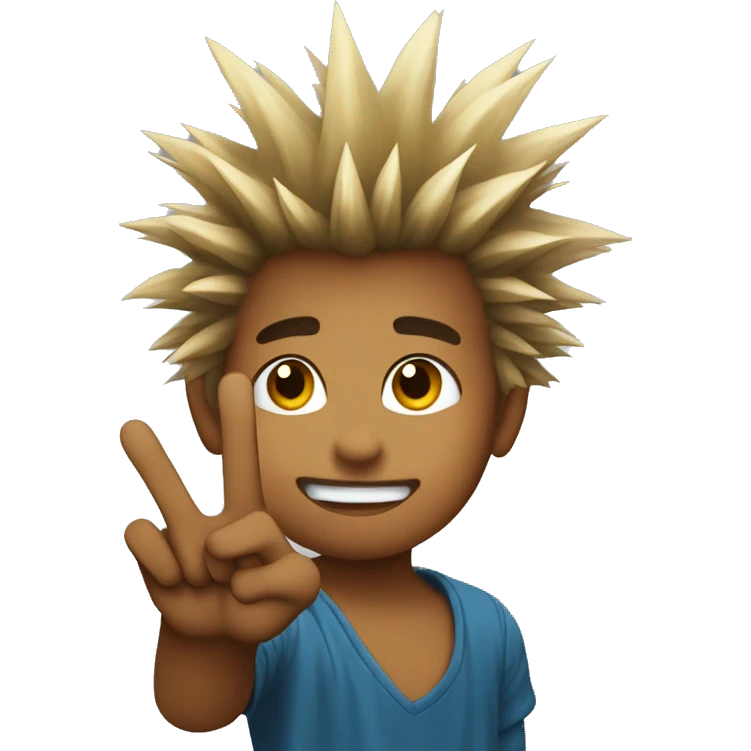 Kid with spiky hair holding up “rock on” finger sign emoji