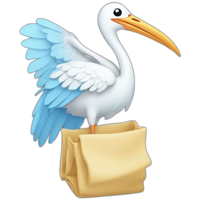 stork carrying a light blue bundle of cloth in its beak that has a human baby with dark hair and the baby face and head is peeking from the cloths bundle the strok is carrying with its beak emoji
