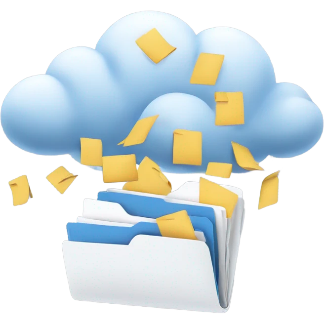 A cloud with folders and files flying in and out of it. emoji